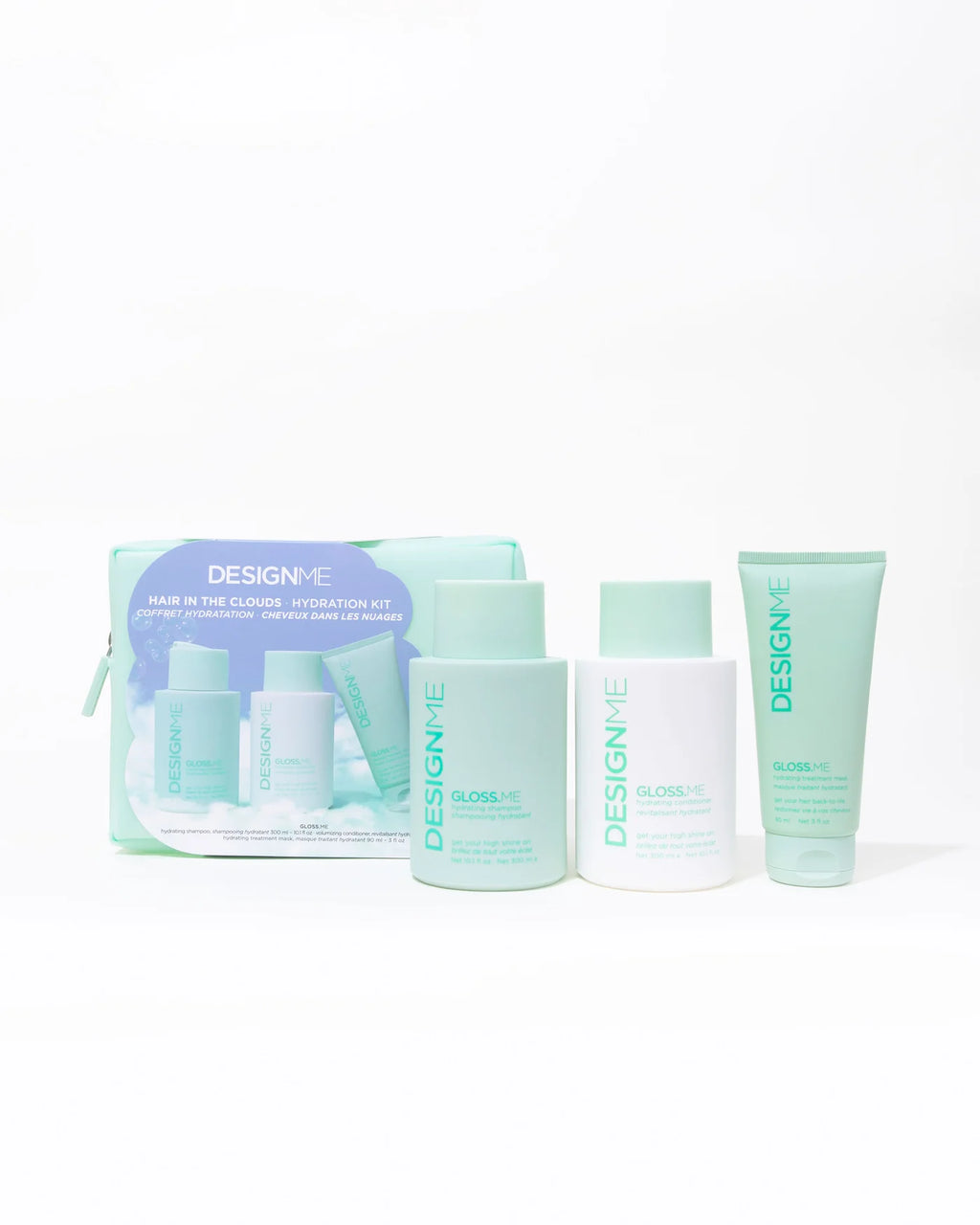 Set of gloss.me products for hydration and shine with a pouch on a white background